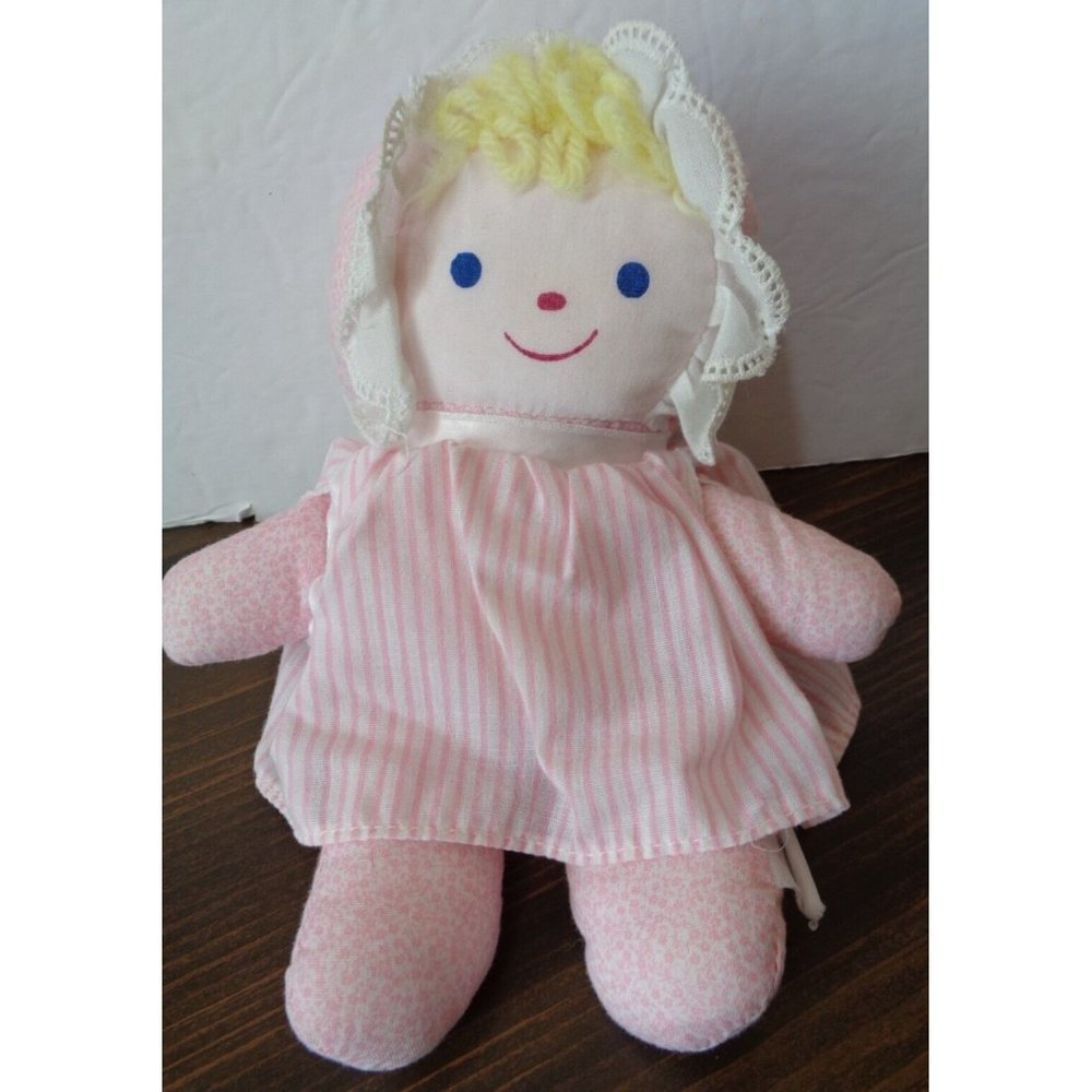 Vintage Bantam First Soft Baby Doll Stuffed Cloth Rattle Pink 6" Lace Dress Yarn